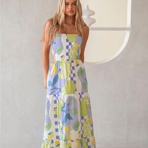 SABO Smocked Strapless Maxi Dress in Pastel Print